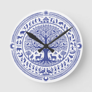 Warli-Art Indische Stammesillustration | Minimalis Runde Wanduhr