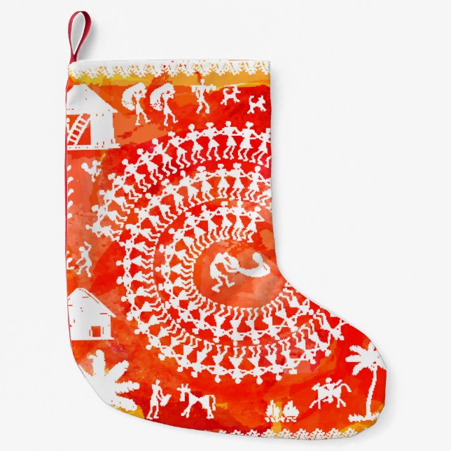 Warli-Malerei - traditionell gezeichnete Handarbei Kleiner Weihnachtsstrumpf (Vorderseite)