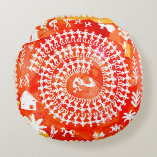 Warli-Malerei - traditionell gezeichnete Handarbei Rundes Kissen