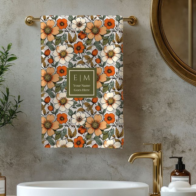 Warm Autumn Flowers Terracotta Rust Bath Towels  Badhandtuch Set (Warm Autumn Flowers Terracotta Rust Bath Towel)