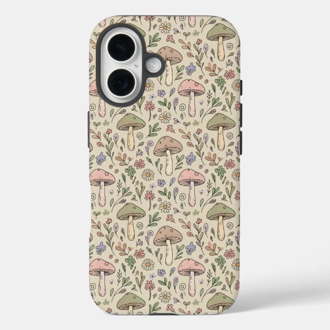 Warm Beige Fungi Seamless Pattern Neutral Boho iPhone 16 Hülle (Rückseite)