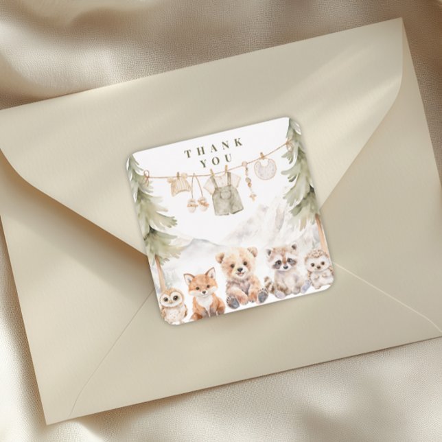 Warm Beige Neutral Forest Baby Shower Thank You Quadratischer Aufkleber (Von Creator hochgeladen)