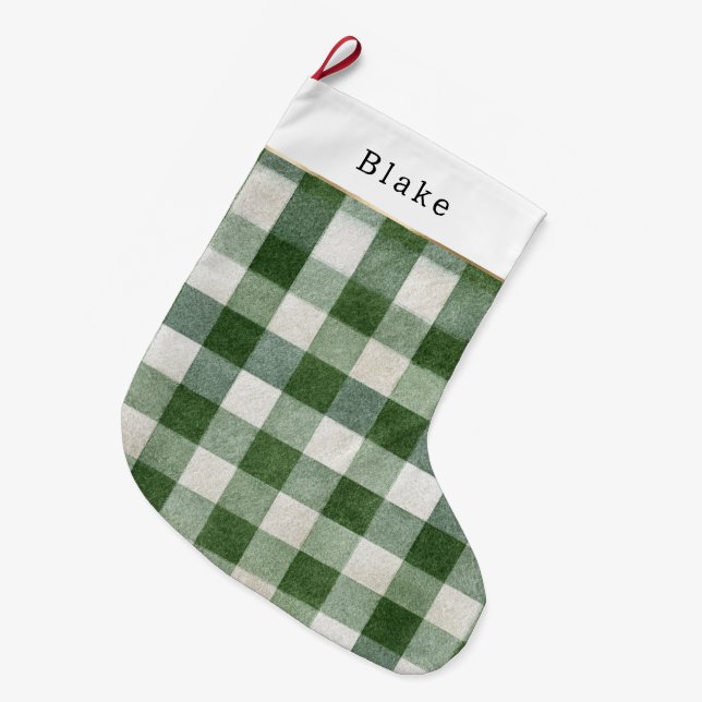 Warm Cream Green Plaid Stripes Christmas Großer Weihnachtsstrumpf (Vorderansicht (hängend))