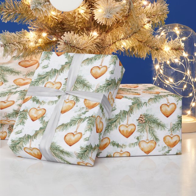 Warm Creamy Caramel Hearts Christmas Tree Branches Geschenkpapier (Feiertage)