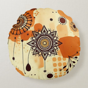Warm Earthy Rustic Mandala Boho Floral Rundes Kissen