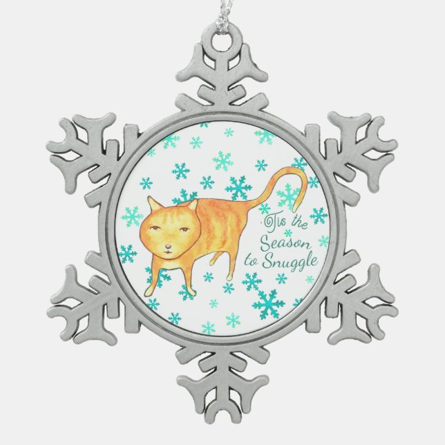Warm Fuzzies & Winter Flurries Christmas Cat Schneeflocken Zinn-Ornament (Vorderseite)