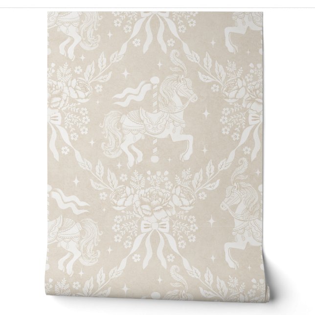 Warm Neutral Beige Rococo Carousel Horses Florals Tapete (Abrollen)