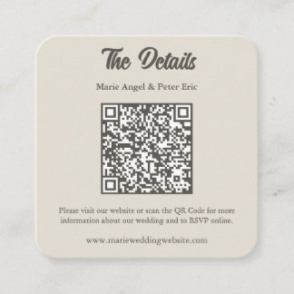 Warm Neutral Monogram QR Code Wedding Details Quadratische Visitenkarte