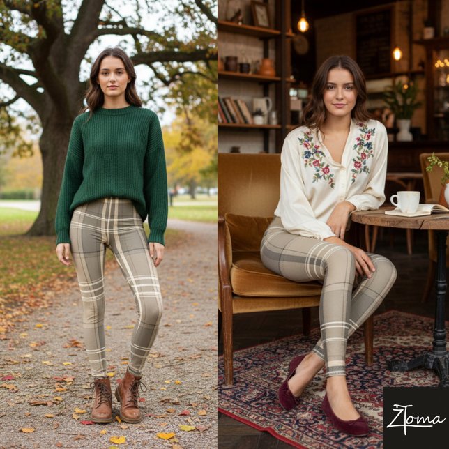 Warm Neutral Tan Beige Plaid Tartan Leggings (Von Creator hochgeladen)