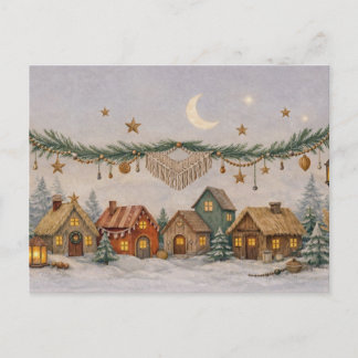 Warm Neutral Watercolor Boho Christmas Village Feiertagspostkarte