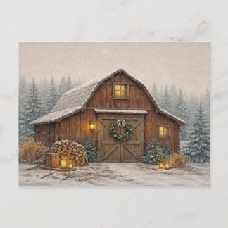 Warm Neutral Watercolor Rustic Christmas Barn Feiertagspostkarte
