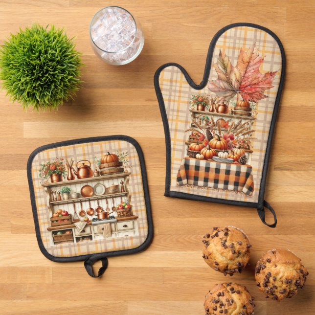Warm Red and Orange Farmhouse Thanksgiving Ofenhandschuh & Topflappen-Set (Oben Unten)