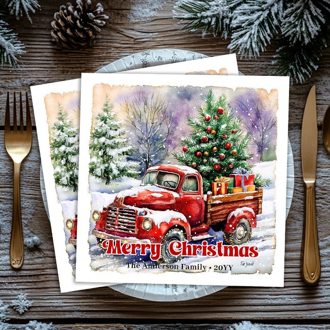 Warm red truck Christmas scene rustic paper napkin Serviette (Warm red truck Christmas scene rustic paper napkin)