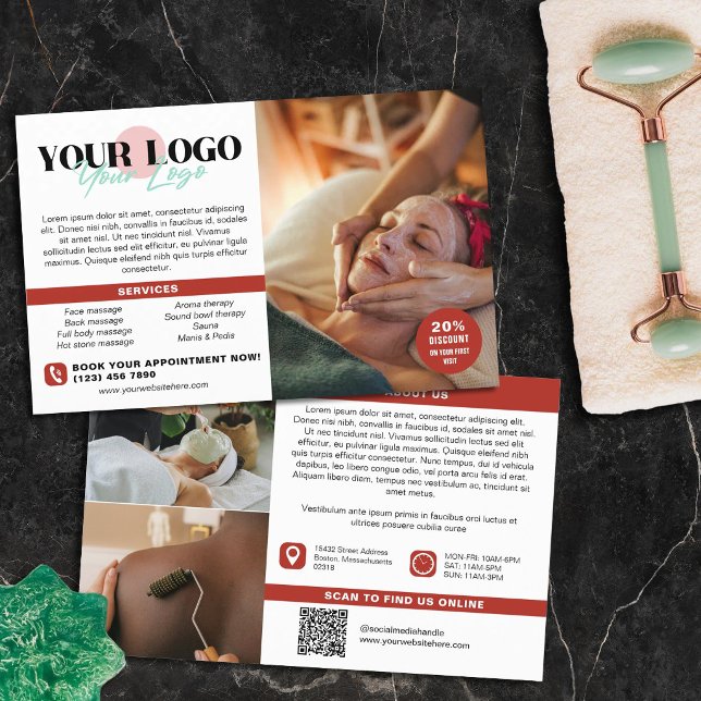 Warm Red Your Logo Photos QR Spa Salon Flyer (Von Creator hochgeladen)
