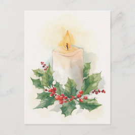 Warm Watercolor Candle and Holly Feiertagspostkarte