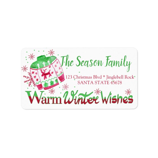 Warm Winter Wishes Christmas Sweater Adressaufkleber (Vorne)