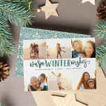 Warm Winter Wishes | Photo Collage Feiertagskarte<br><div class="desc">Our festive and elegant holiday card design is the perfect way to show off six of your favorite family photos. Design features "Warm Winter Wishes" in hand lettered green typography on a white background. Personalize with your names and the year for a chic custom Christmas greeting.</div>