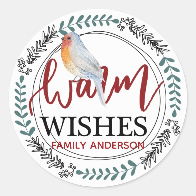 WARM WISHER Personalisiert Winter / Weihnachten Ro Runder Aufkleber (Vorderseite)