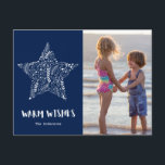 Warm Wishes Beach Navy Blue Family Photo Feiertagspostkarte<br><div class="desc">Christmas holiday postcards in a navy blue beach "Warm Wishes" design. Add your photo, message and names to the front side of postcard and your return address and additional greeting to the back. If you need help cropping your photo or have a custom request, contact me. I'd love to help!...</div>