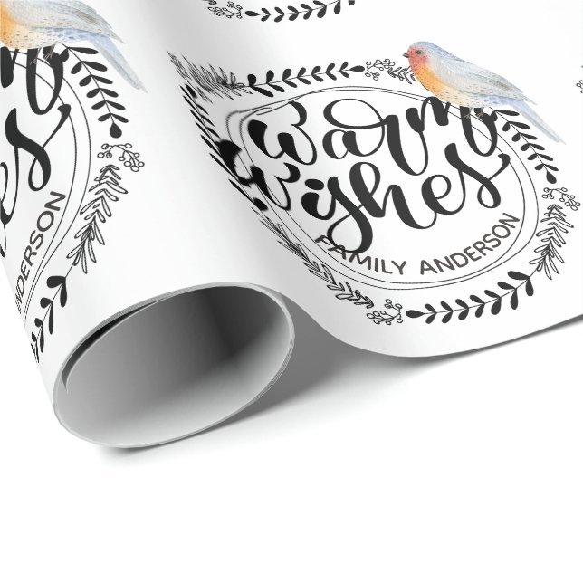 WARM WISHES Festive Winter Robin Personalisiert Geschenkpapier (Rolleneckpunkt)