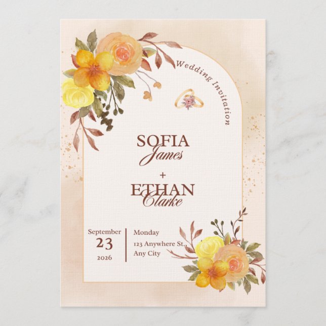 Warm Yellow & Peach Floral Wedding Invitation  (Devant)