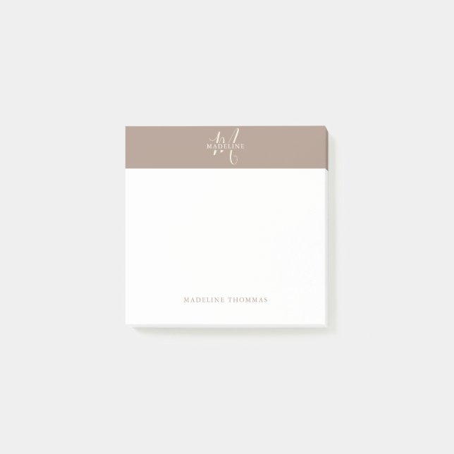 Warmby Beige Mit Monogramm Script Post-it Klebezettel (Vorderseite)