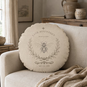 Warme Beige-Bienen-Gravur   Französisches Landhaus Rundes Kissen