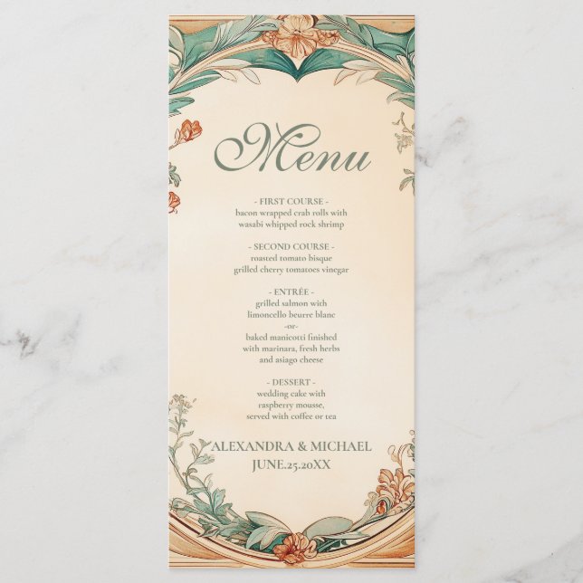 Warme botanische Rahmen Hochzeit Menükarte (Vorderseite)