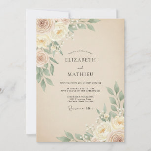 Warme Champagner-Taupe-Blatt-Hochzeit Einladung