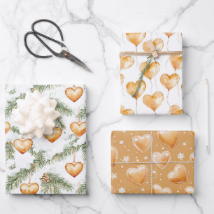 Warme cremige Karamell-Herzen Weihnachtsbaumzweige Geschenkpapier Set