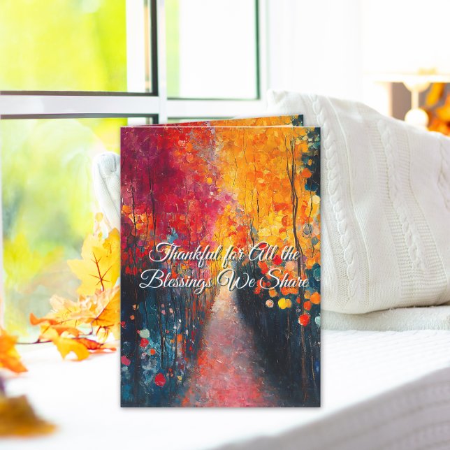 Warme Erntedank wünscht und segnet Feiertagskarte (Vibrant autumn artwork with heartfelt words — a perfect card to share Thanksgiving blessings.)