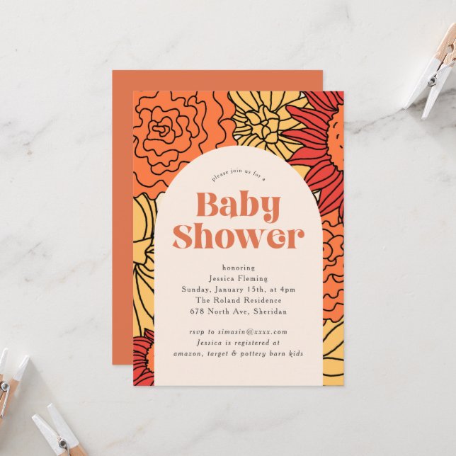 Warme farbige große Blumenarm Babydusche Einladung (Vorderseite/Rückseite Beispiel)