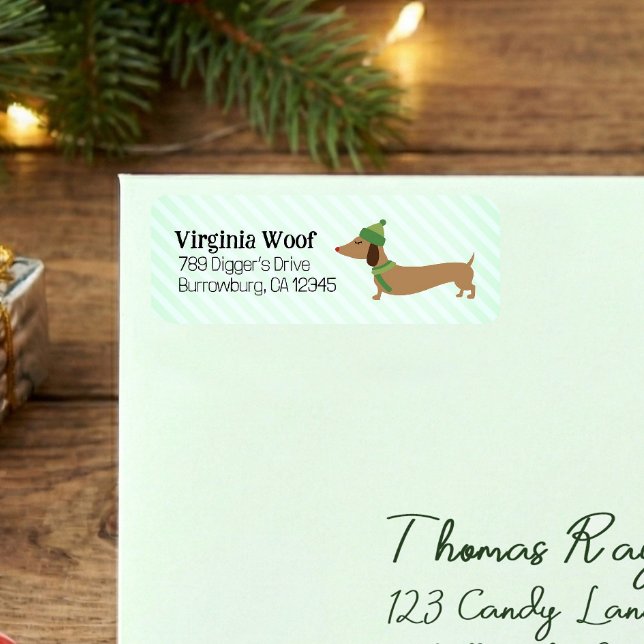 Warme Grüne Dackel Weihnachtskarten-Adressetikette (Wiener dog winter Christmas card return address labels)