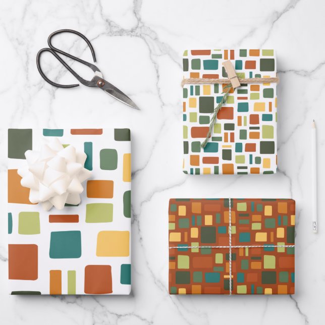 Warme Herbstfarben Wonky Squares & Rectangle Geschenkpapier Set (Vorderseite)