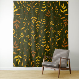 Warme Herbstgoldblätter dunkelgrünes Muster Wandteppich