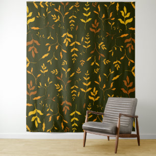 Warme Herbstgoldblätter dunkelgrünes Muster Wandteppich