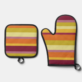 Warme herbstliche horizontale Streifen Ofenhandschuh & Topflappen-Set