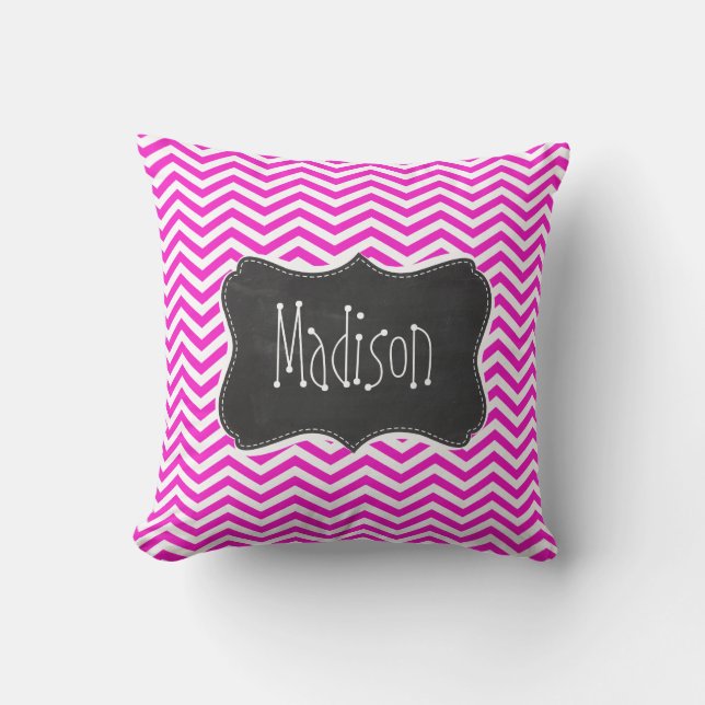 Warme Magenta Zickzack Streifen; Retro-Chalkboard- Kissen (Vorderseite)