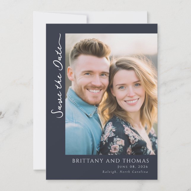 Warme Navy-Minimalist-Foto Save The Date (Vorderseite)