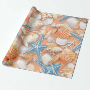 Warme Pfirsich Strand Muscheln Seestern Sommer Geschenkpapier
