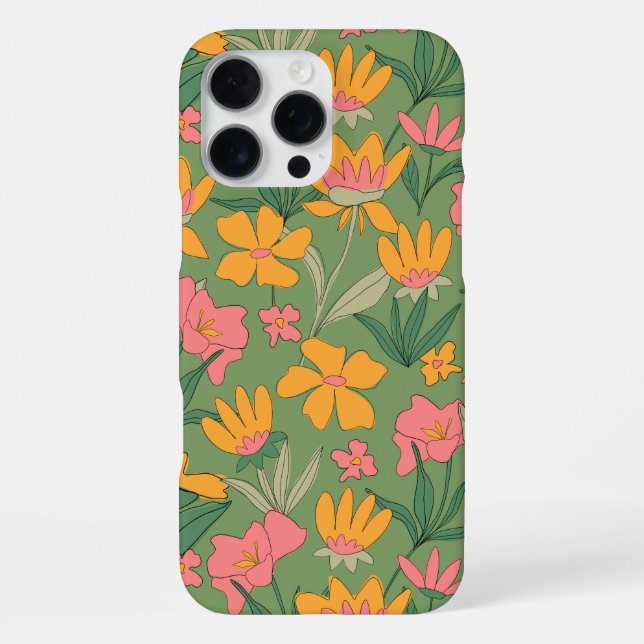 Warme Retro-Blumen-Nahtlos-Muster iPhone 16 Pro Max Hülle (Rückseite)