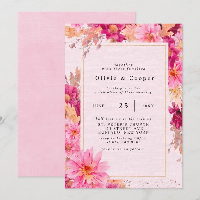 Warme Rosa Chrysanthemum Wreath Wedding Einladung (Vorne/Hinten)