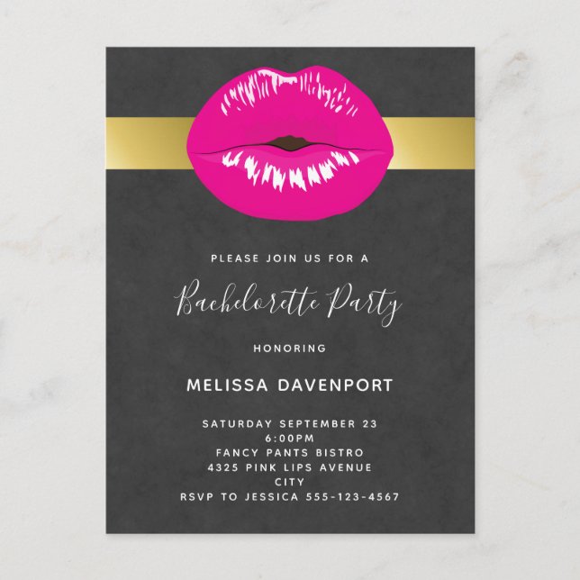 Warme rosa Lippen Glamour Bachelorette Einladung (Vorderseite)