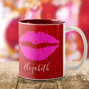 Warme Rosa Lippen Roter Glitzer Individuelle Name Zweifarbige Tasse