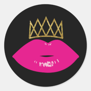 Warme Rosa Lippen Royal Gold Crown Moderne Schwarz Runder Aufkleber