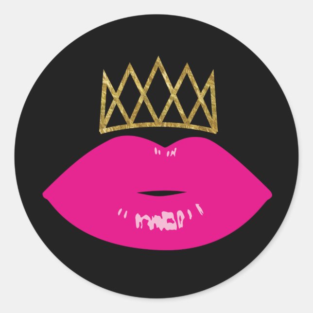 Warme Rosa Lippen Royal Gold Crown Moderne Schwarz Runder Aufkleber (Vorderseite)