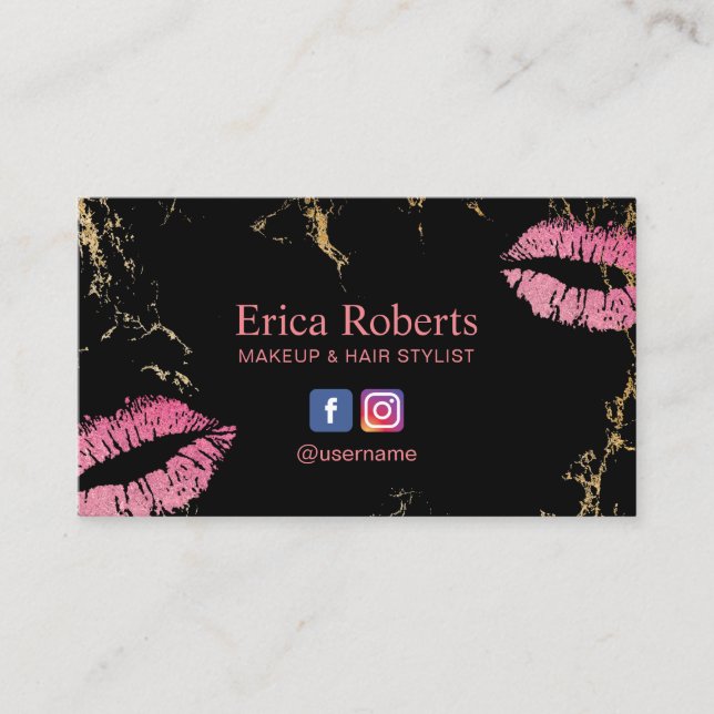 Warme Rosa Lippen Trendfarben Schwarz & Gold Visitenkarte (Vorderseite)
