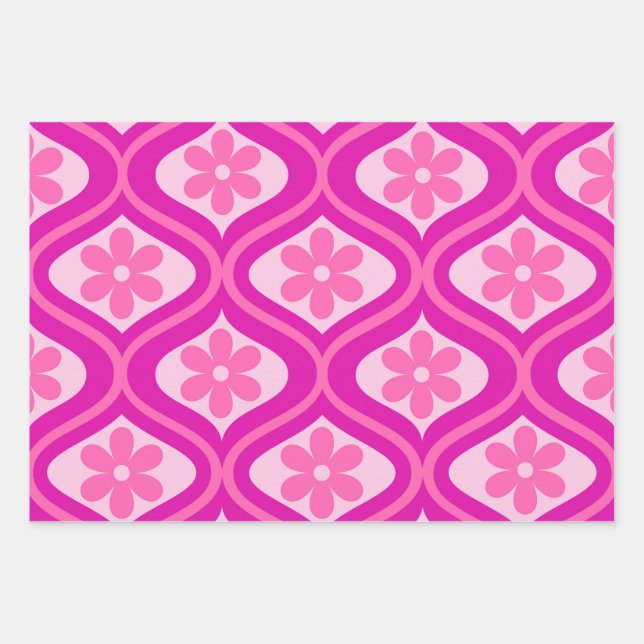 Warme, rosa Retro-Blume im Ogee-Muster des Mittelj Geschenkpapier Set (Vorderseite)