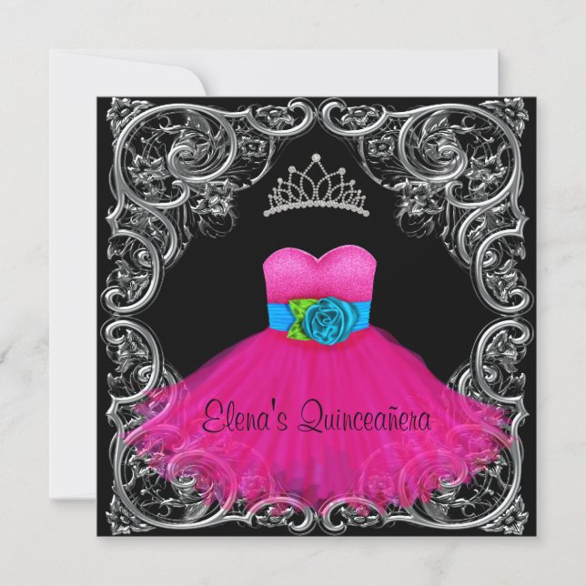 Warme Rosa Schwarze Quinceanera Einladung (Vorderseite)