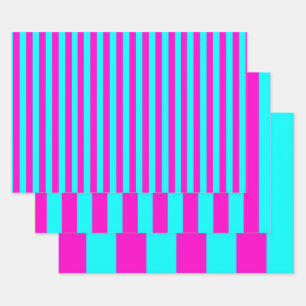 Warme rosa und blaue türkisfarbene Streifen Geschenkpapier Set